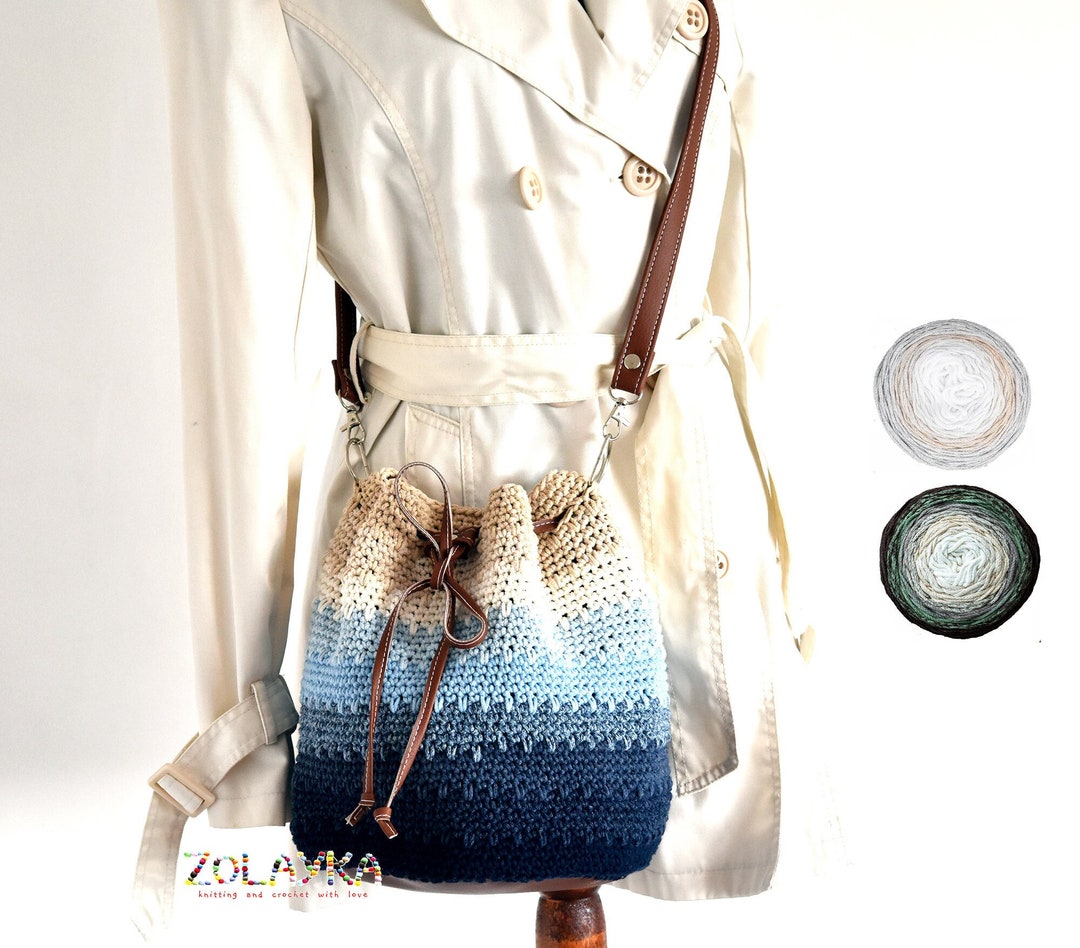Blue Bucket Bag, Crossbody Bag Crochet, Summer Cotton Bag, Leather