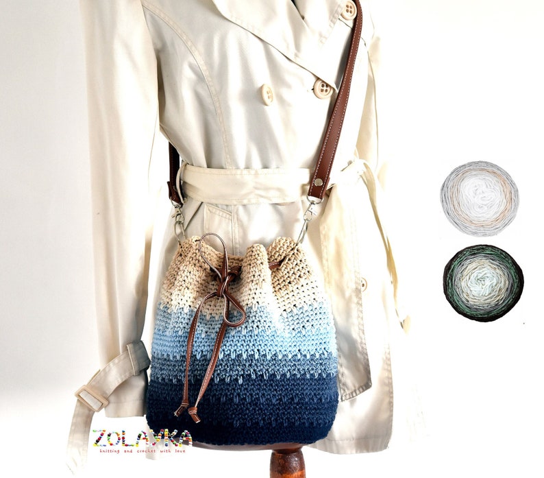 Blue bucket bag, crossbody bag crochet, summer cotton bag, leather handles and bottom, blue ombre bucket cross body purse, boho bag hippie image 1