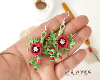 Red Poppy Flower Earrings, Botanical Handcrafted Jewelry with 925 Silver Hooks, Micro Crochet Dangle Poppy Jewelry