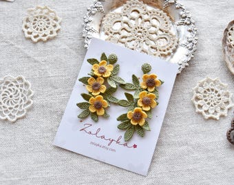 Micro Crochet Buttercup Earrings, Yellow Floral Studs on 18K Gold Plated Posts