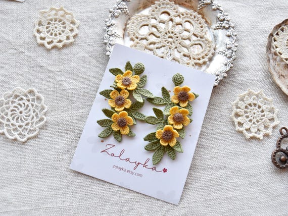 Micro Crochet Buttercup Earrings, Yellow Floral Studs on 18K Gold Plated Posts