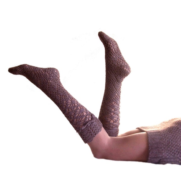 High knee lace socks crochet leg warmers, sexy long socks, brown boot toppers knee socks boot cuffs yoga socks