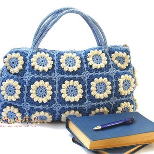 Women boho hippie bag with flowers bohemian style eco friendly cotton shoulder bag granny squares top handle handback in bright colors Blue