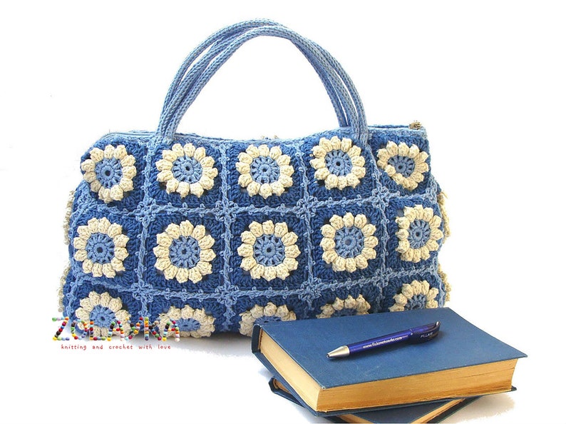 Women boho hippie bag with flowers bohemian style eco friendly cotton shoulder bag granny squares top handle handback in bright colors Blue