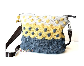 Crochet Crossbody Zipper Bag, Yellow Ombre Messenger Bag for Woman, Cross Body Purse with Polka Dots, Hippie Bag