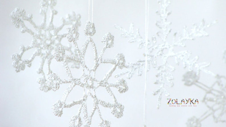 Crochet Snowflakes, Silver Shabby Xmas Tree Decor, Shining Christmas Ornaments, Silver Flakes Hanging 6pcs. image 2