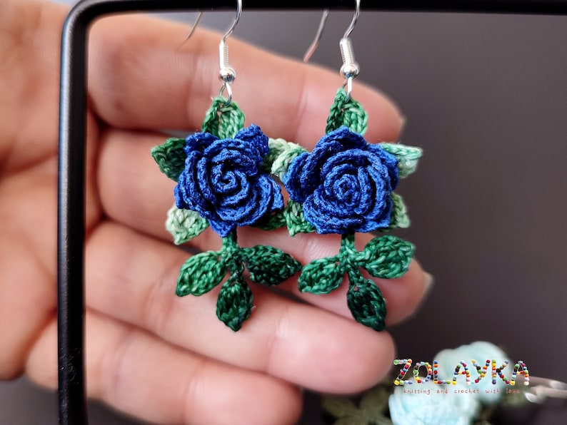Blue Rose Dangle Earrings, 925 Silver Micro Crochet Black Rose Earrings Dark Blue
