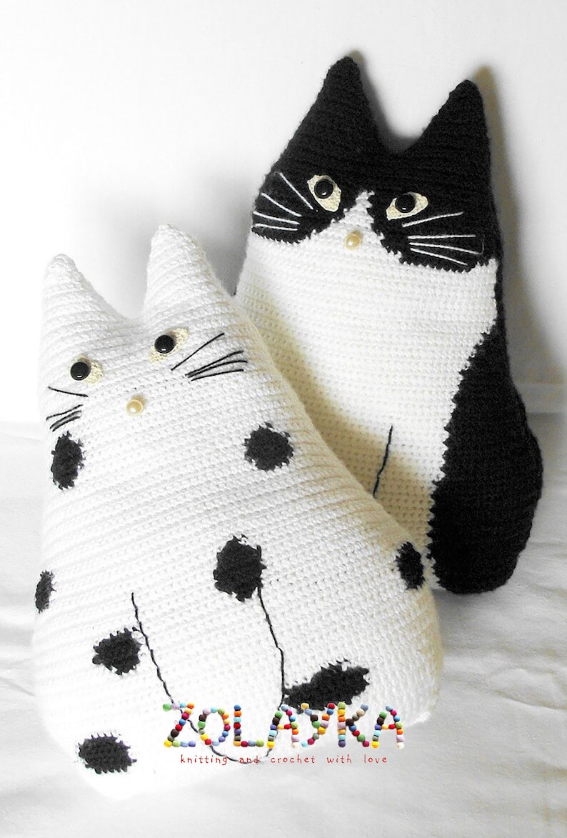 Crochet cat toy pillows set Black and White cat stuffed cat pillow pet lover gift cat toy pillow animal pillow primitive toy cat crochet image 3