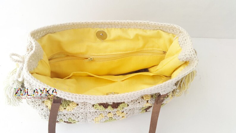 Granny Square Crochet Bag with Tassels, Large Shoulder Hippie Bag, Genuine Leather Handles, Many Inside Pockets image 3