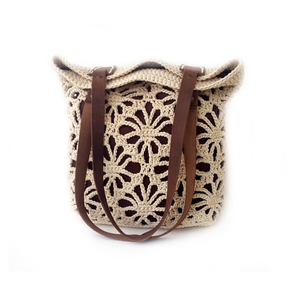 Gehaakte kant tote beige kleur met lederen handgrepen, natuurlijke Gehaakte tas, tan tote tas., tas van biokatoen, lacy tas, ecru tas
