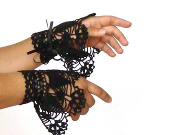 Black Lace Wrist Cuffs with Satin Ribbon, Whimsigothic Fashion, Black Victorian Lace Fingerless Gloves, Crochet Cuffs