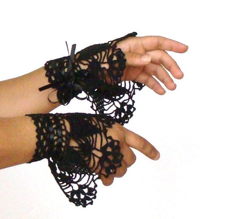Black Lace Wrist Cuffs with Satin Ribbon, Whimsigothic Fashion, Black Victorian Lace Fingerless Gloves, Crochet Cuffs image 1