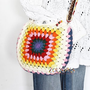 Hippie Crossbody Bag, Granny Square Bag, Crochet Colorful Purse, Adjustable Strap, Festival Shoulder Bag, Vintage Style, Gift For Her White