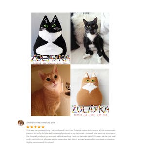 K&ouml;nnte beinhalten: Eine Kundenbewertung f&uuml;r einen Shop f&uuml;r geh&auml;kelte Katzenspielzeug. Die Bewertung enth&auml;lt f&uuml;nf Sterne und einen Kommentar &uuml;ber den pers&ouml;nlichen Service des Shops und die Qualit&auml;t des Produkts. Das Bild zeigt auch drei geh&auml;kelte Katzenspielzeuge, eines schwarz-wei&szlig;, eines orange und eines braun.