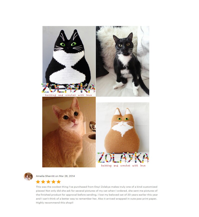 K&ouml;nnte beinhalten: Eine Kundenbewertung f&uuml;r einen Shop f&uuml;r geh&auml;kelte Katzenspielzeug. Die Bewertung enth&auml;lt f&uuml;nf Sterne und einen Kommentar &uuml;ber den pers&ouml;nlichen Service des Shops und die Qualit&auml;t des Produkts. Das Bild zeigt auch drei geh&auml;kelte Katzenspielzeuge, eines schwarz-wei&szlig;, eines orange und eines braun.