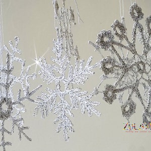 Crochet Snowflakes, Silver Shabby Xmas Tree Decor, Shining Christmas Ornaments, Silver Flakes Hanging 6pcs. image 9