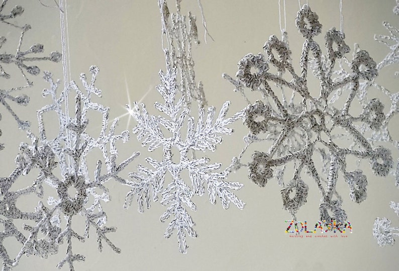 Crochet Snowflakes, Silver Shabby Xmas Tree Decor, Shining Christmas Ornaments, Silver Flakes Hanging 6pcs. image 9