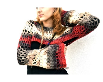 Crochet Long Sleeves Crop Top Jumper, Edgy Layered Sweater, Bell Sleeve Bolero