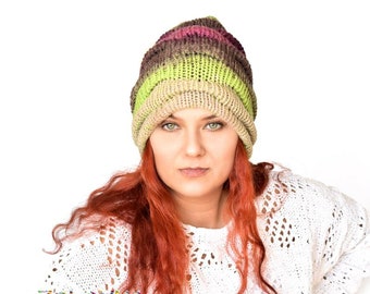 Ombre Green and Purple Knit Slouchy Beanie – Double Layered Wool Blend Hat for Women