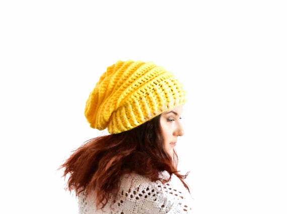 Yellow Slouchy Beanie for Woman Crochet 