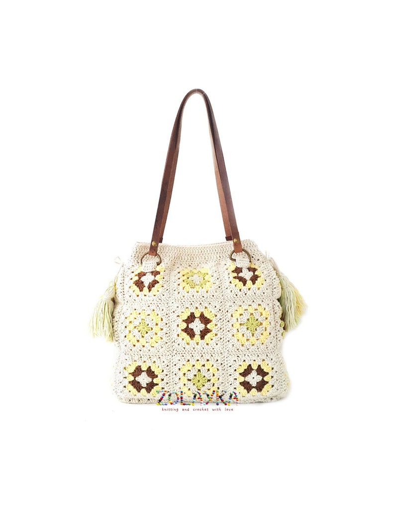 Granny Square Crochet Bag with Tassels, Large Shoulder Hippie Bag, Genuine Leather Handles, Many Inside Pockets image 1