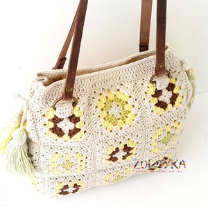 Granny Square Crochet Bag with Tassels, Large Shoulder Hippie Bag, Genuine Leather Handles, Many Inside Pockets image 4