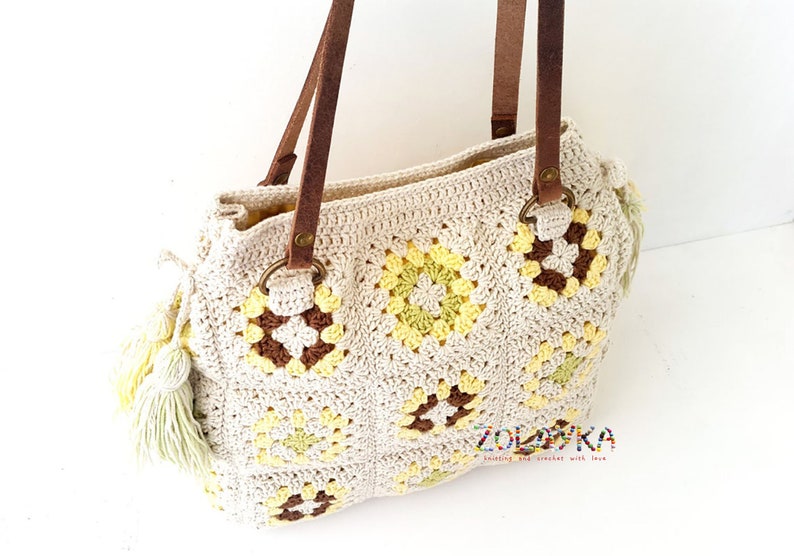 Granny Square Crochet Bag with Tassels, Large Shoulder Hippie Bag, Genuine Leather Handles, Many Inside Pockets image 4