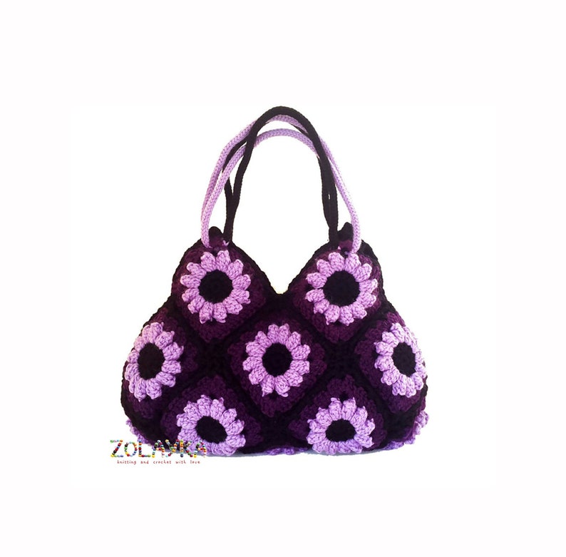 Bohemian purse with flowers, crochet shoulder bag, Granny squares bag, purple hippie bag, flowers boho bag, hippie bag retro style purse image 1