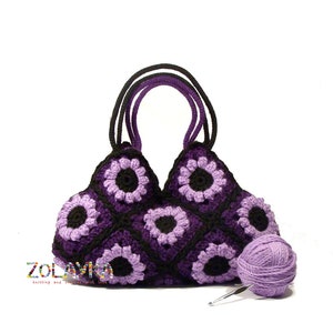 Bohemian purse with flowers, crochet shoulder bag, Granny squares bag, purple hippie bag, flowers boho bag, hippie bag retro style purse image 3