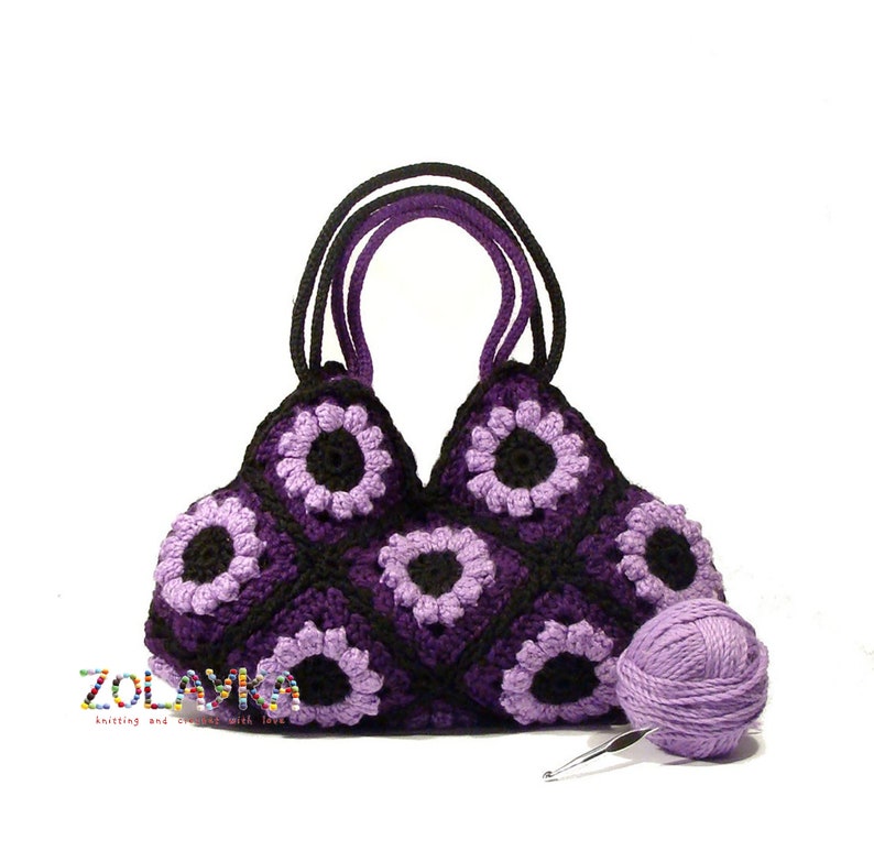 Bohemian purse with flowers, crochet shoulder bag, Granny squares bag, purple hippie bag, flowers boho bag, hippie bag retro style purse image 3