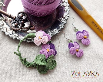 Micro Crochet Pansy Flower Earrings and Brooch Set, 925 Silver Handmade Jewelry