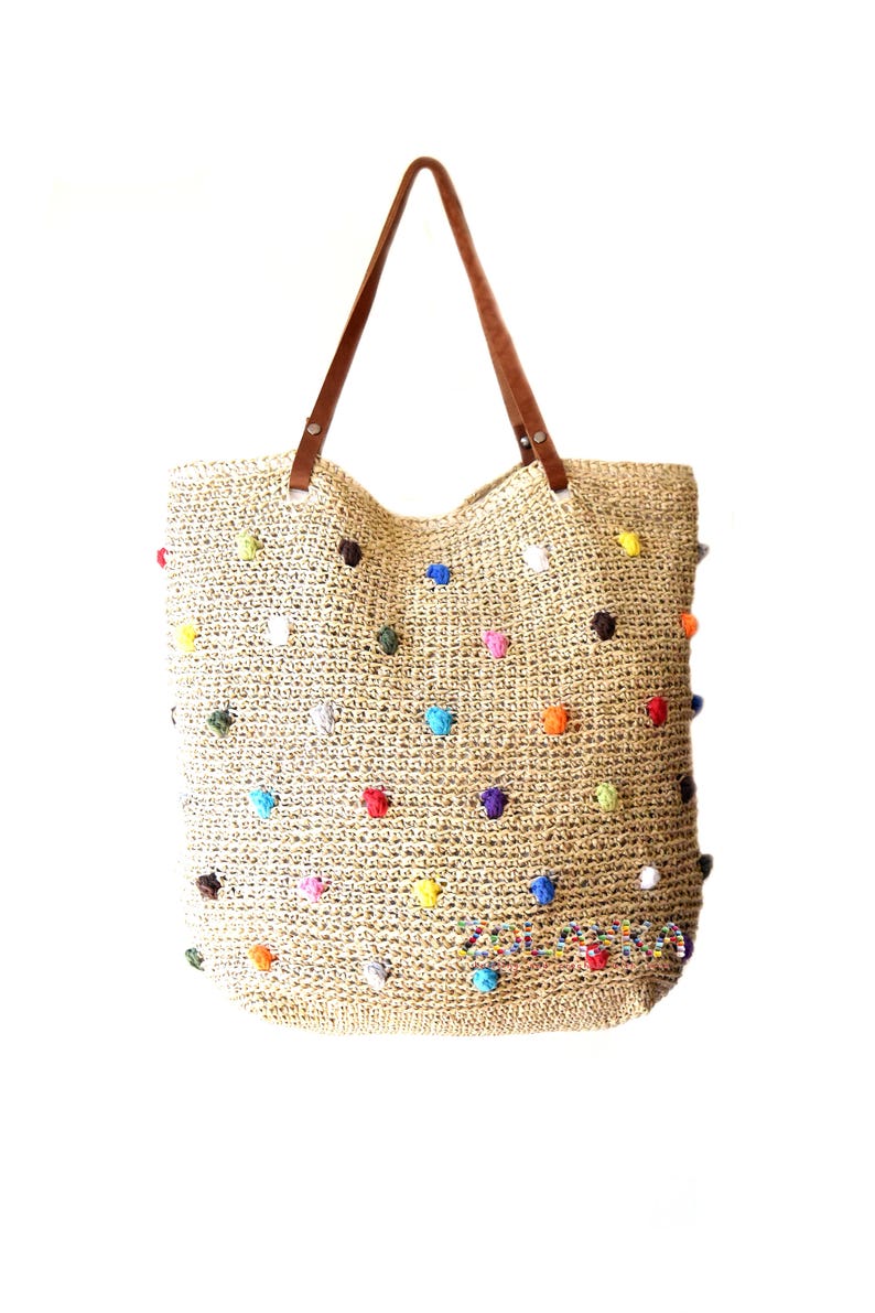 Straw beach bag large raffia beach tote dotted beach bag crochet raffia tote genuine leather straps extra large summer woven beach bag 