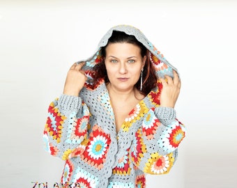 Cárdigan de ganchillo estilo abuela: Chaqueta larga boho con capucha