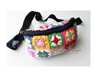 Granny Squares Waist Bag, Crochet Belt Bag, Flowers Fanny Pack, Festival Boho Hip Bag, Colorful Belt Pouch