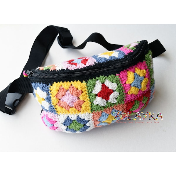 Bolso de cintura de cuadrados de abuela, bolso de cinturón de ganchillo, paquete de fanny de flores, bolso de cadera festival boho, bolsa de cinturón colorida