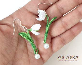 Snowdrop Flower Micro Crochet Dangle Earrings - 925 Silver Hooks, Handmade Floral Gift