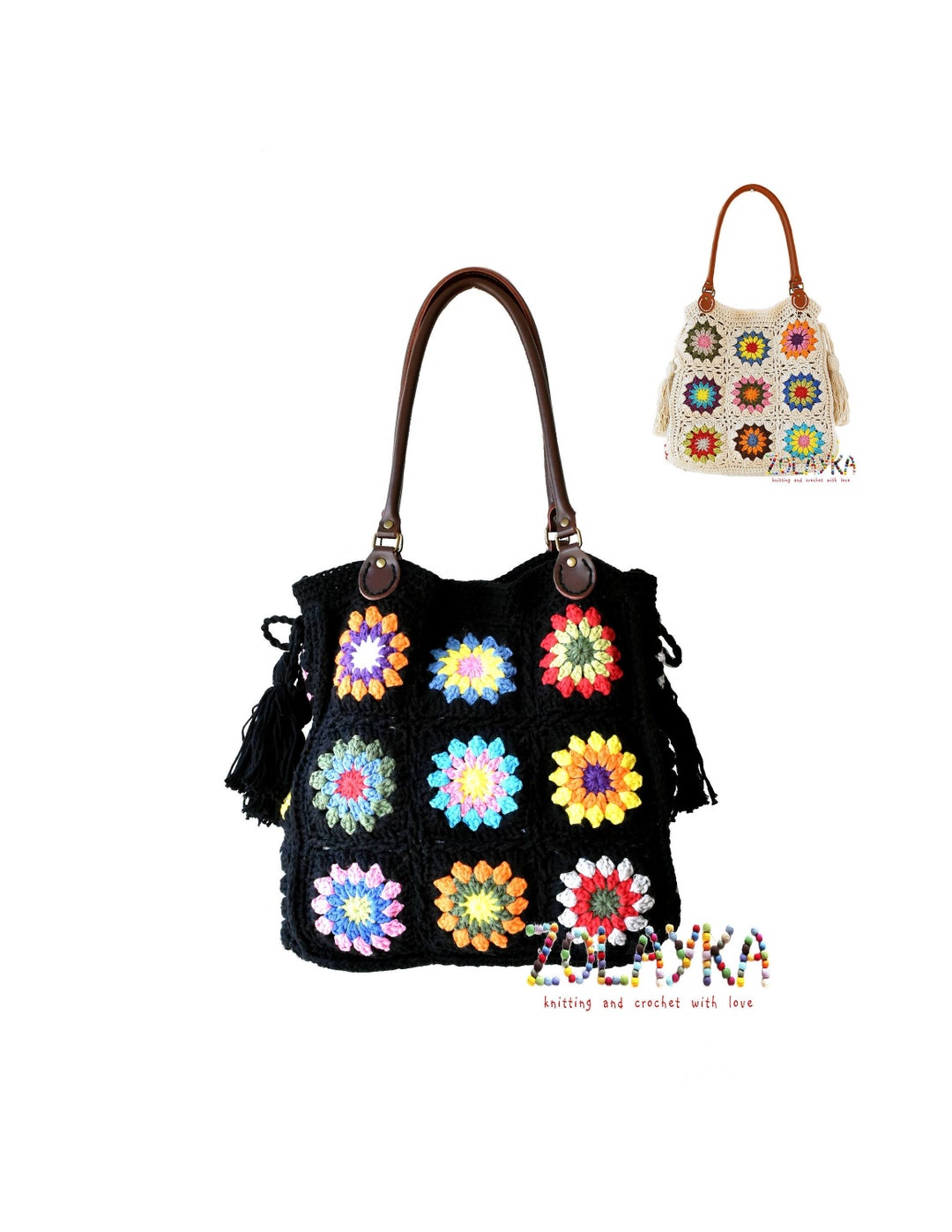 Black Large Purse Boho Shoulder Bag, Large Crochet Tote Bag Leather Handles Hippie Purse With