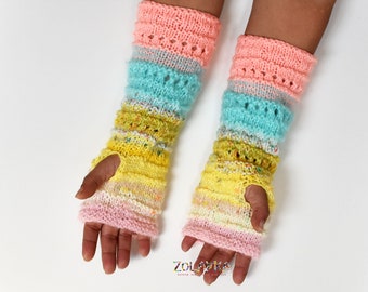 Pastel Hand-Knit Fingerless Mittens, Cozy Long Wool Arm Warmers, Colorful Gift for Her