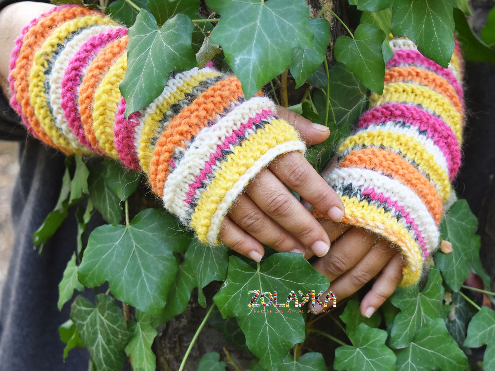 Warm Fingerless Gloves, Hand Knit Cozy Mittens, Bright Stripped Arm Warmers