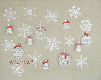 レース編みのクリスマスボールオーナメント、素朴な白いボール、4個