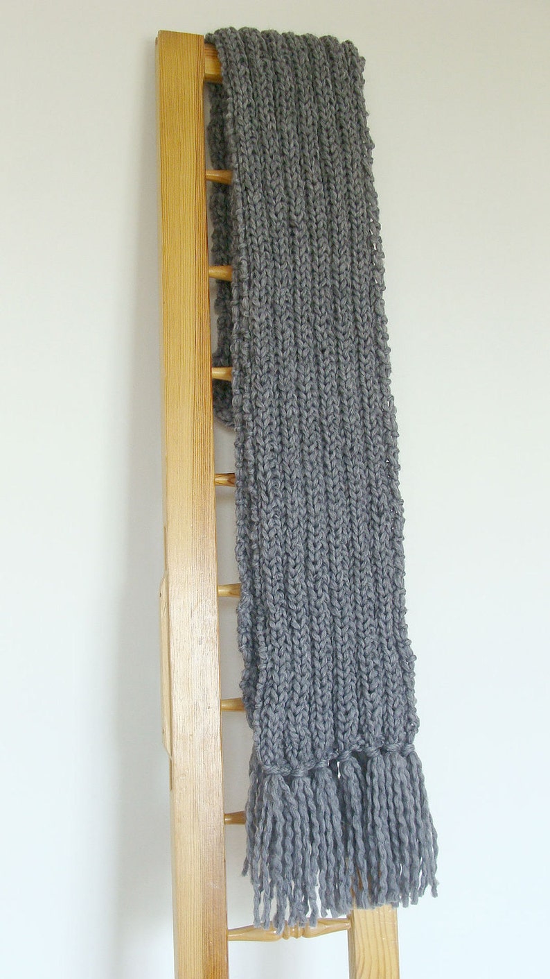 Chunky knit scarf extra long fringe neckwarmer oversized wool scarf gray big scarf unisex wrap scarf hand knitted large scarf merino wool image 4