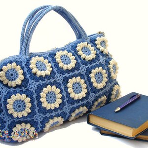 Women boho hippie bag with flowers bohemian style eco friendly cotton shoulder bag granny squares top handle handback in bright colors image 5