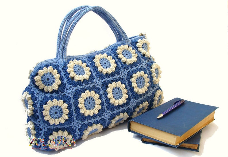 Women boho hippie bag with flowers bohemian style eco friendly cotton shoulder bag granny squares top handle handback in bright colors image 5
