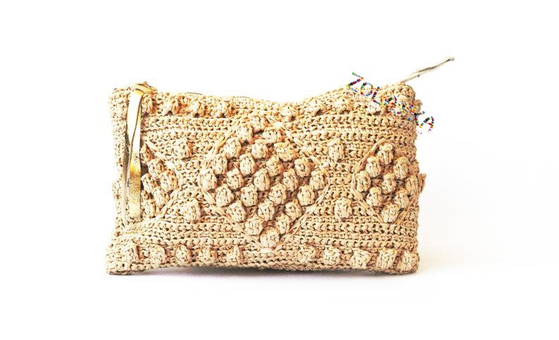 Straw beach bag, raffia woven clutch, crochet raffia purse, straw purse, natural raffia bag, beach wedding purse, straw clutch, boho clutch 