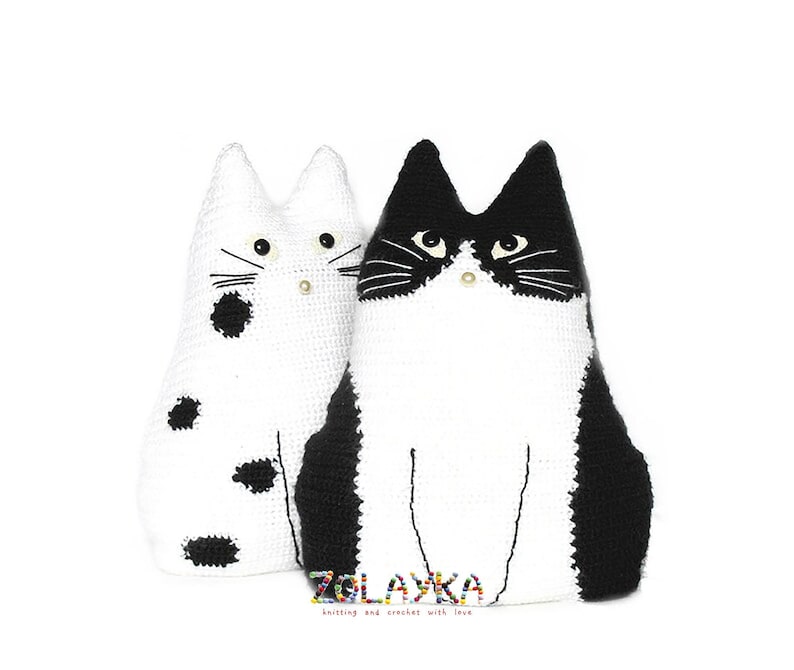 Crochet cat toy pillows set Black and White cat stuffed cat pillow pet lover gift cat toy pillow animal pillow primitive toy cat crochet image 1