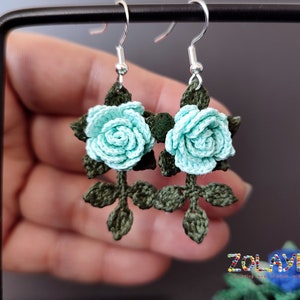 Blue Rose Dangle Earrings, 925 Silver Micro Crochet Black Rose Earrings Light Blue
