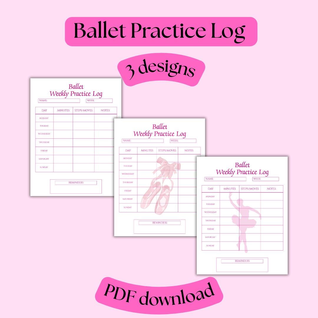 Ballet Practice Log (style 1) Weekly Pink - Digital Download PDF Print ...