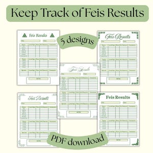 Könnte beinhalten: Sechs druckbare "Feis Results"-Blätter in verschiedenen Designs. Die Blätter sind weiß mit grünen Akzenten und enthalten Felder für Tanz, Level, Alter, Platz und Kommentare. Der Text "Keep Track of Feis Results" und "PDF download" ist ebenfalls sichtbar.