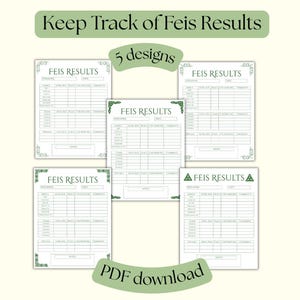 Puede incluir: Se muestran cinco diseños PDF imprimibles de Resultados de Feis. Cada diseño presenta un diseño de cuadrícula con secciones para el nombre del bailarín, el nivel, el lugar y los comentarios. El texto "Keep Track of Feis Results" y "5 designs" son visibles.