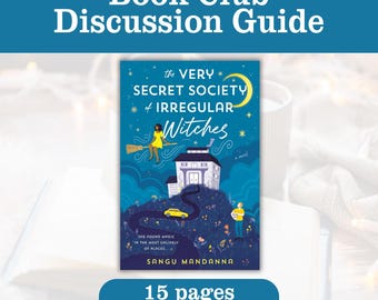 Puede incluir: Portada del libro "The Very Secret Society of Irregular Witches" con fondo azul, una bruja en una escoba y un coche amarillo. También se ve el texto "Book Club Discussion Guide" y "15 pages PDF Download".
